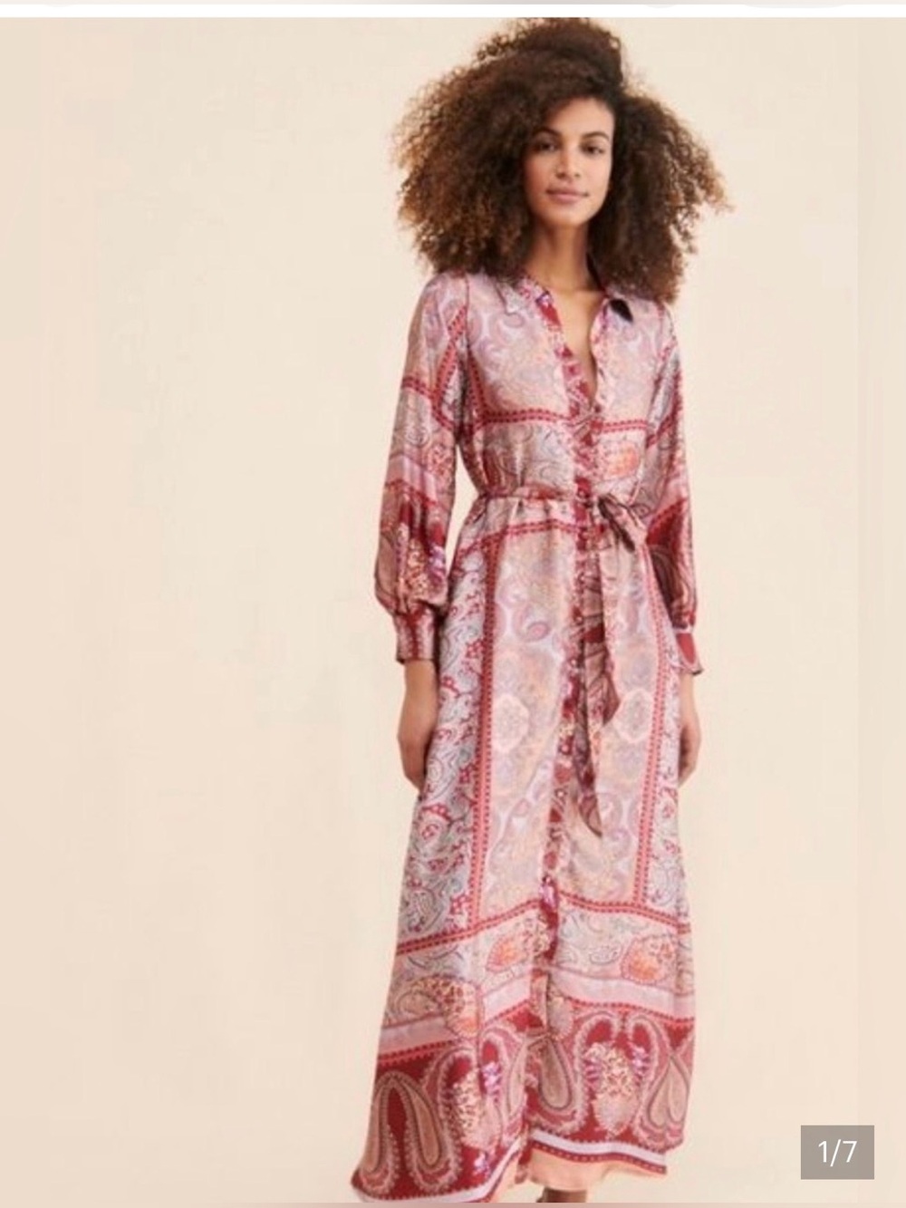 BTFL-Life Paisley Maxi Dress Small Boho Long Sleeve Collared Burgundy Pink